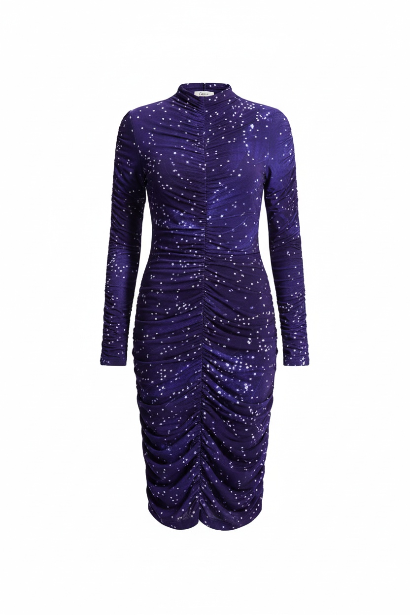 Purple Ruched Midi Dress with Starry Print photo 1