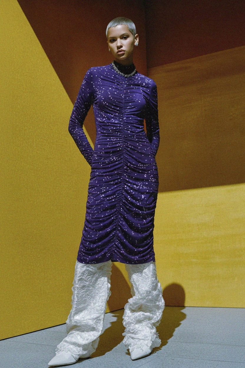 Purple Ruched Midi Dress with Starry Print photo 3