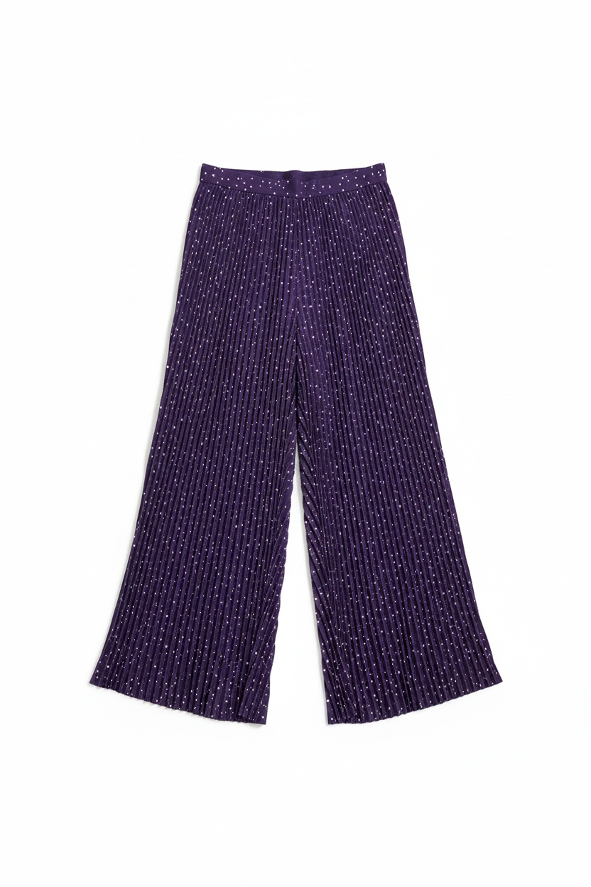 Pleated Purple Wide-Leg Pants with White Dots photo 1