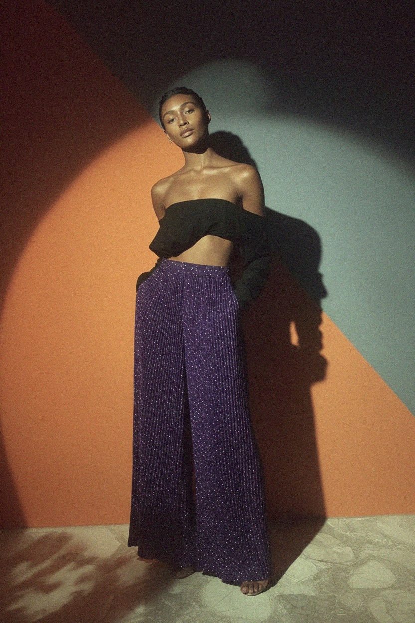 Pleated Purple Wide-Leg Pants with White Dots photo 3