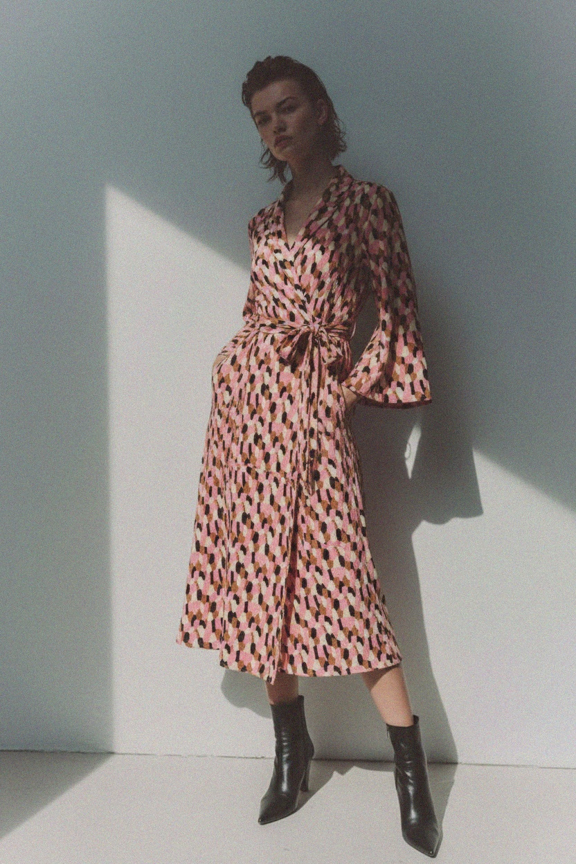 Abstract Print Midi Wrap Dress with Tie Waist photo 2