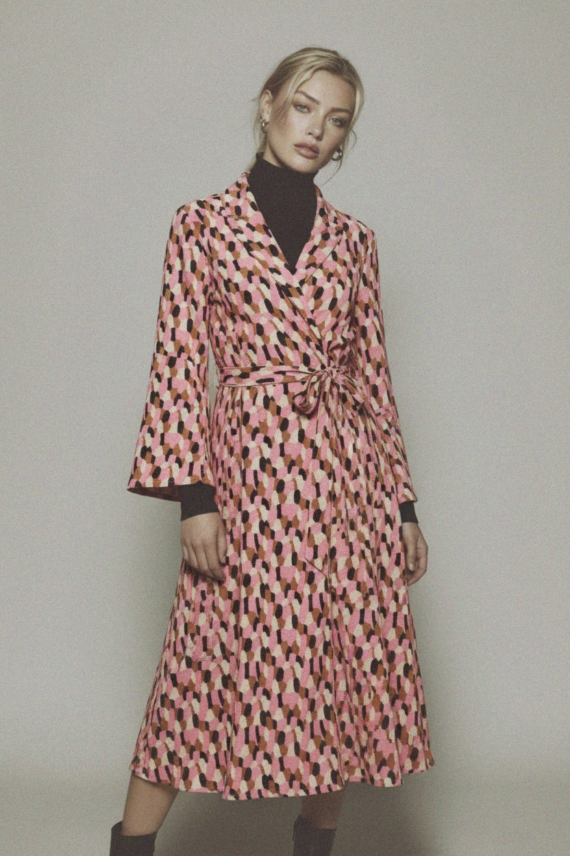 Abstract Print Midi Wrap Dress with Tie Waist photo 3