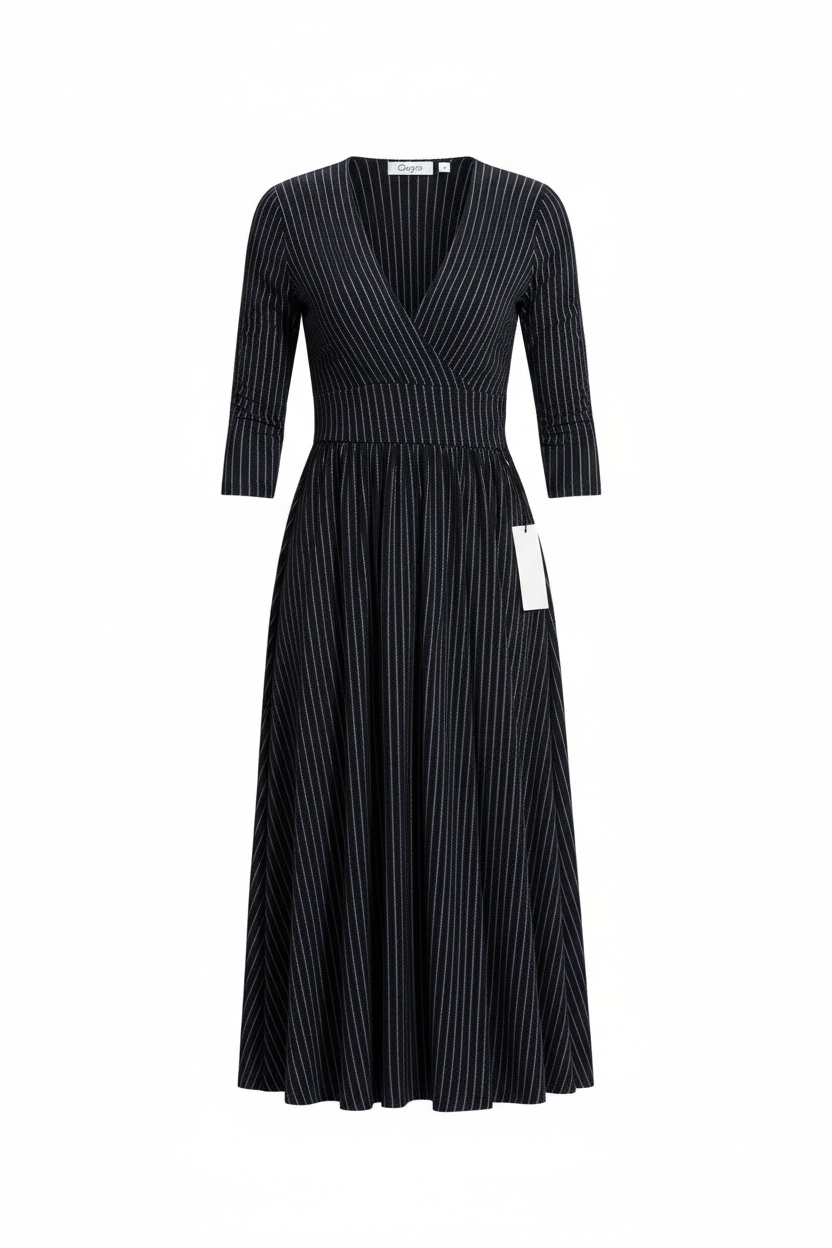 Pinstripe Wrap Midi Dress with 3/4 Sleeves photo 1
