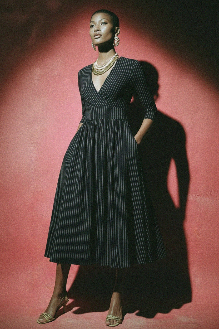 Pinstripe Wrap Midi Dress with 3/4 Sleeves photo 2