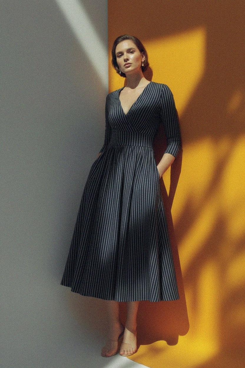 Pinstripe Wrap Midi Dress with 3/4 Sleeves photo 3