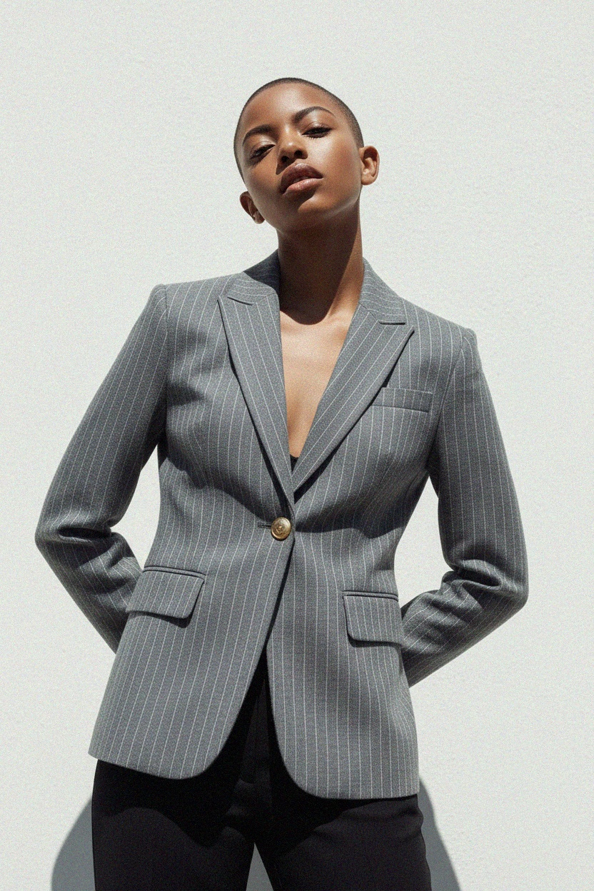 Classic Grey Pinstripe Blazer with Gold Buttons photo 2