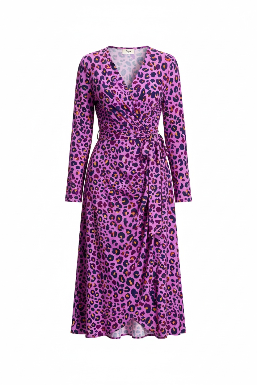Purple Leopard Print Midi Wrap Dress photo 1