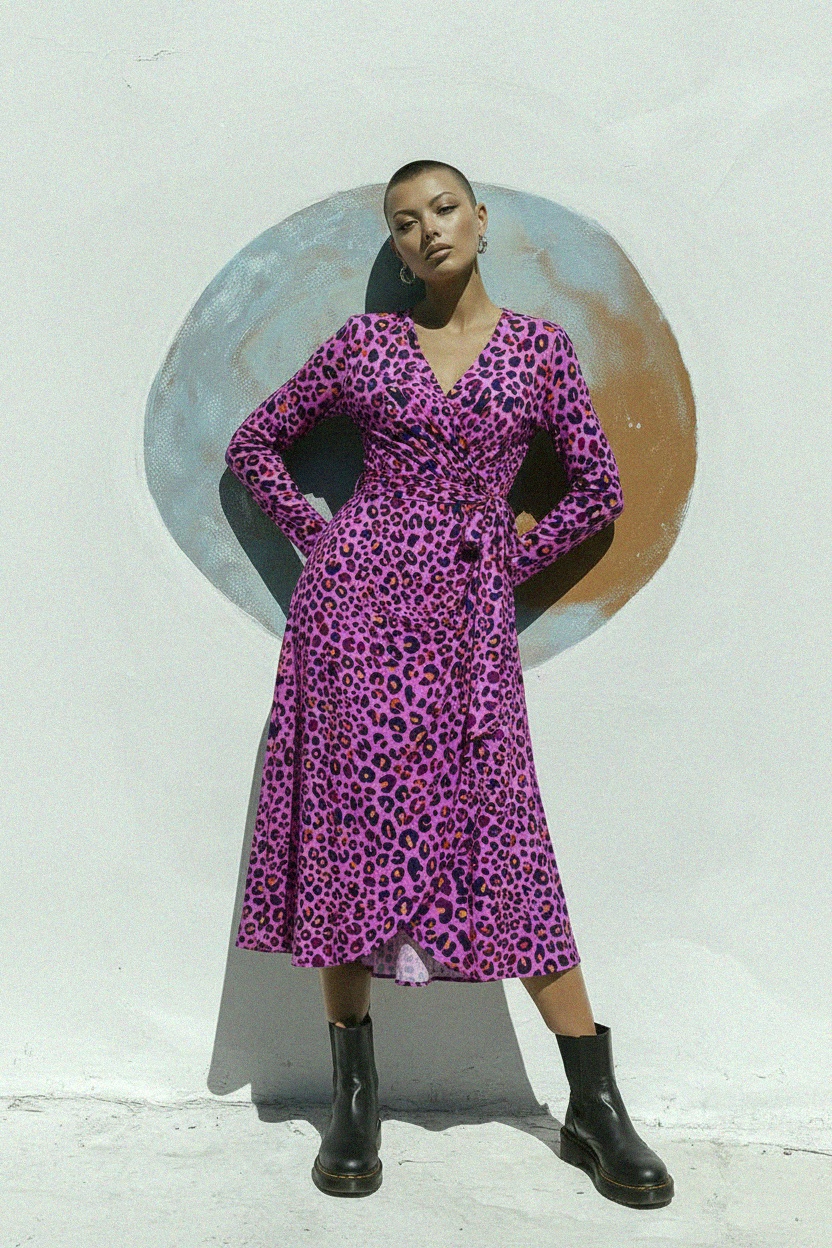 Purple Leopard Print Midi Wrap Dress photo 3