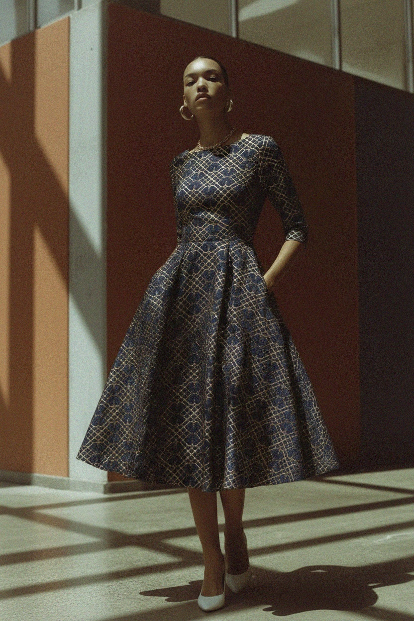 Midi Dress with Gold Geometric Pattern photo 3