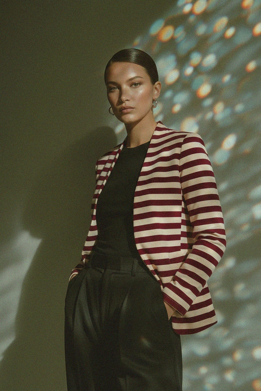 Red & Beige Striped Open-Front Blazer photo 2