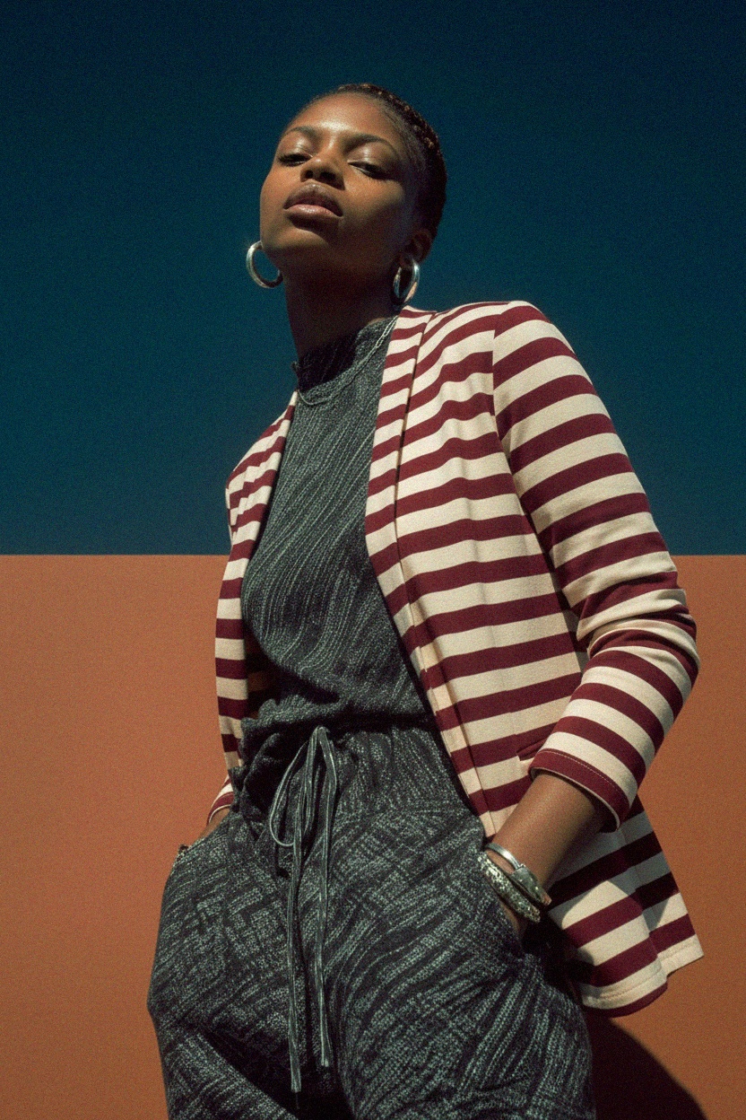 Red & Beige Striped Open-Front Blazer photo 3