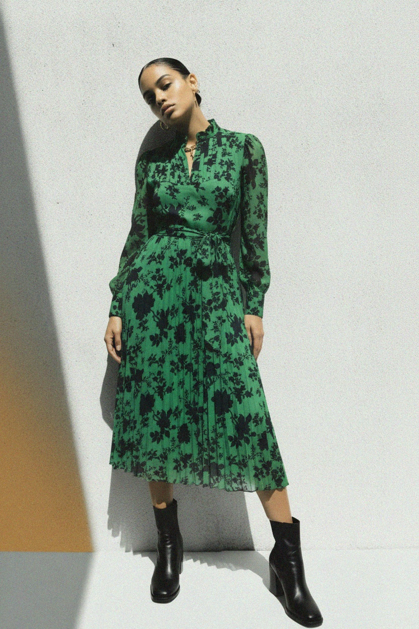 Green Floral Pleated Midi Dress photo 3