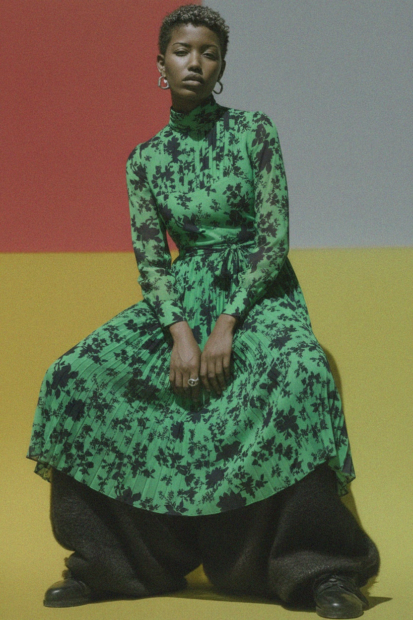 Green Floral Pleated Midi Dress photo 4