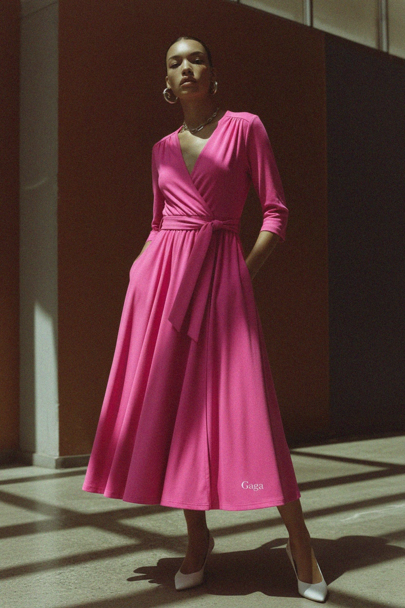 Vibrant Pink V-Neck Midi Dress with Tie Waist photo 3