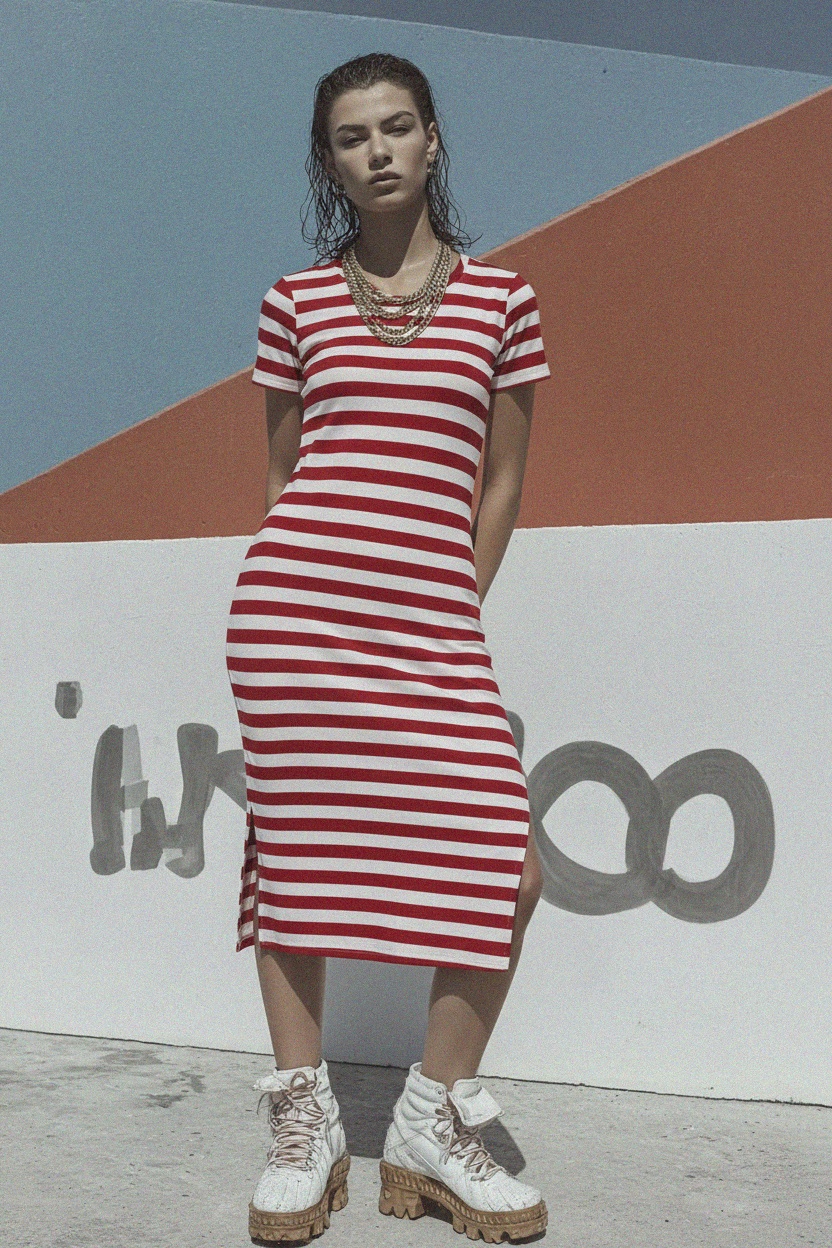 Red & White Striped Midi T-Shirt Dress photo 2