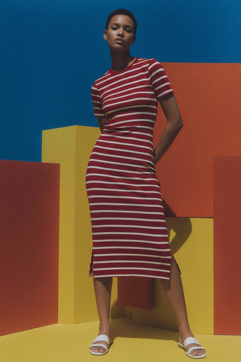 Red & White Striped Midi T-Shirt Dress photo 3