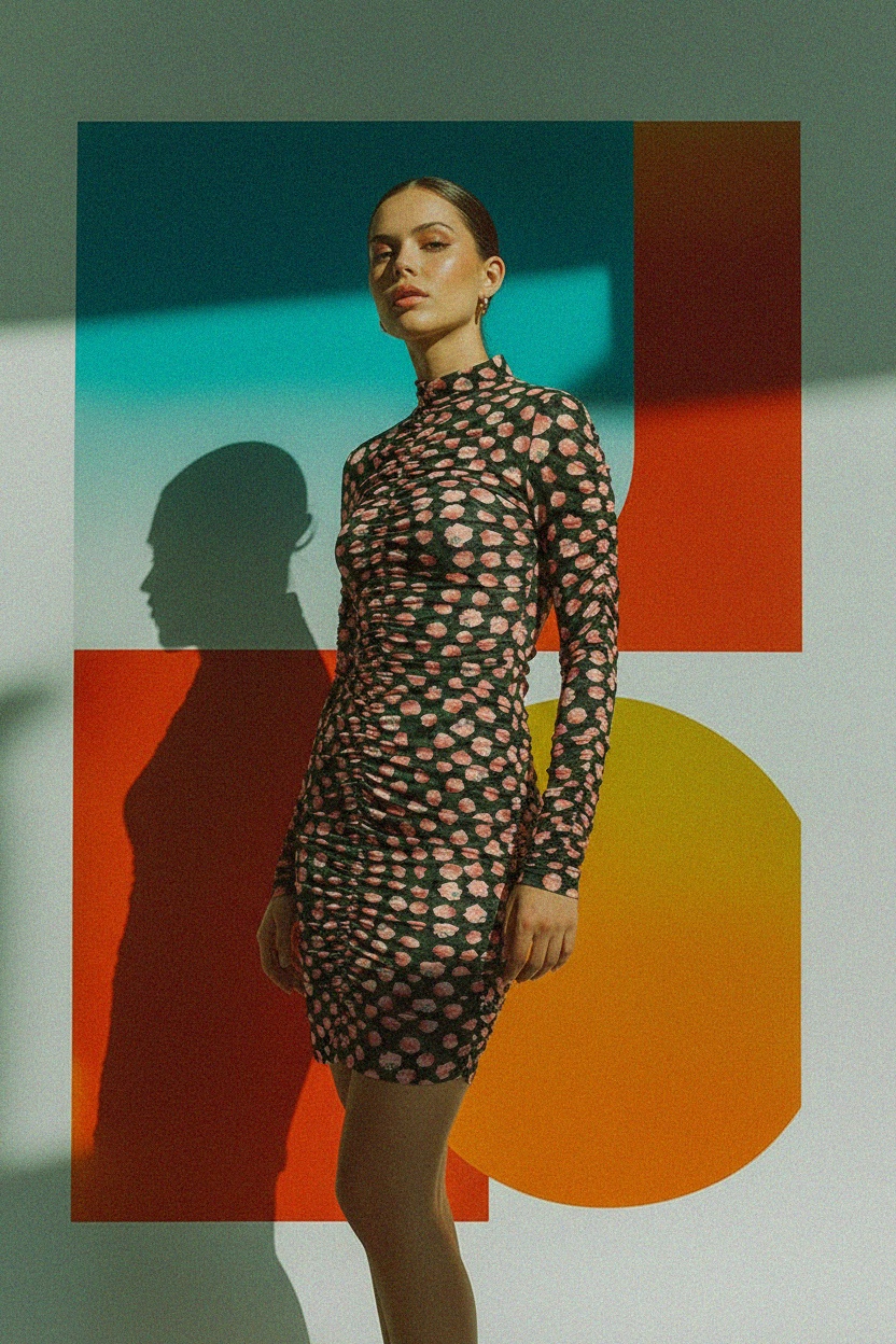 Green Floral Ruched High-Neck Mini Dress photo 2