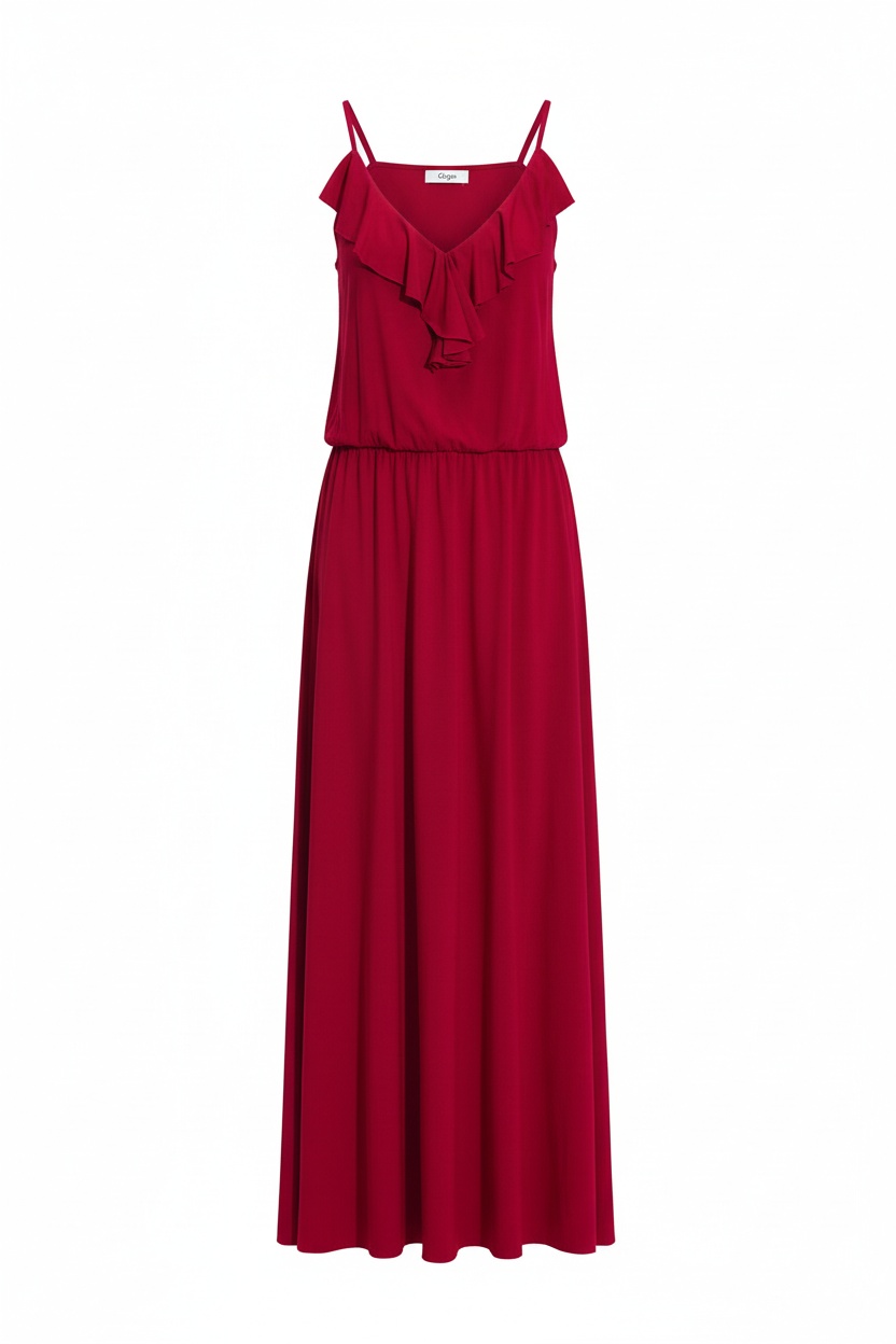 Flowy Red Maxi Dress with Ruffle Detail and Pockets photo 1