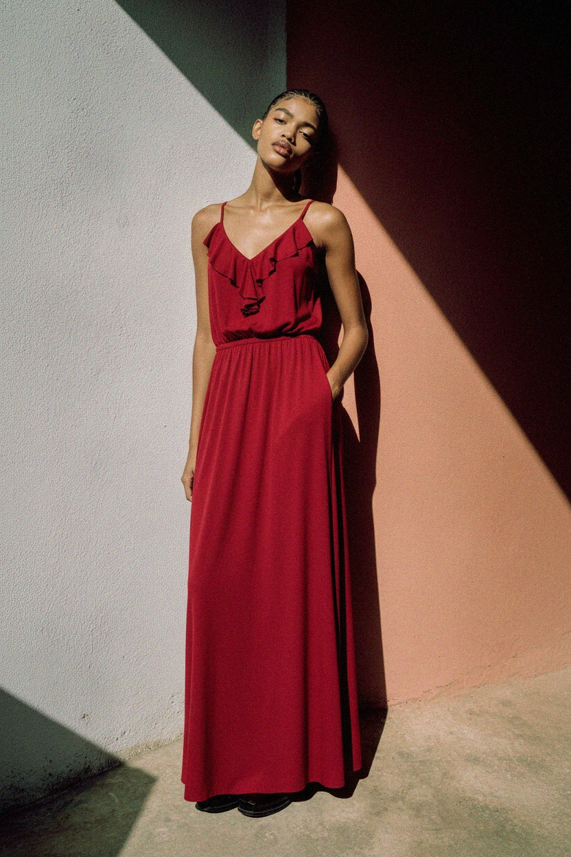 Flowy Red Maxi Dress with Ruffle Detail and Pockets photo 3