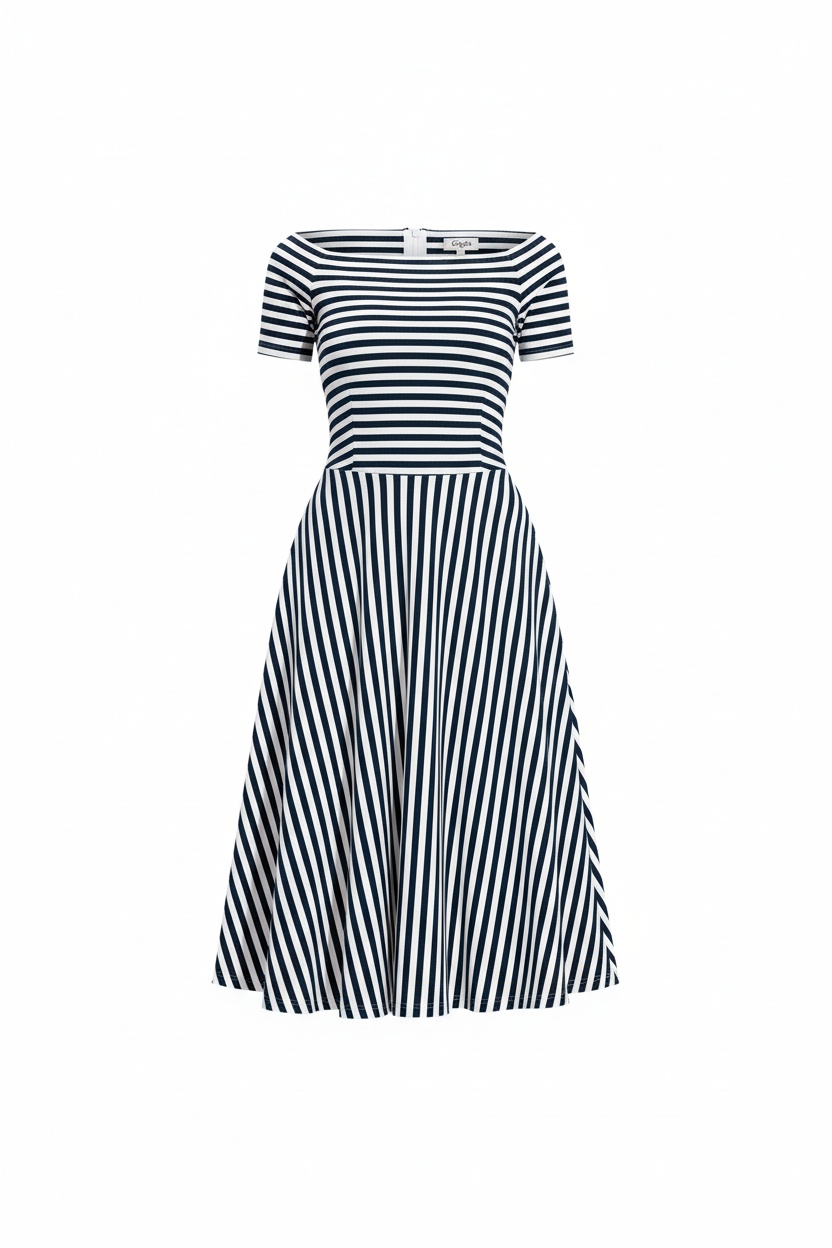 Navy & White Striped Off-Shoulder Midi Dress photo 1