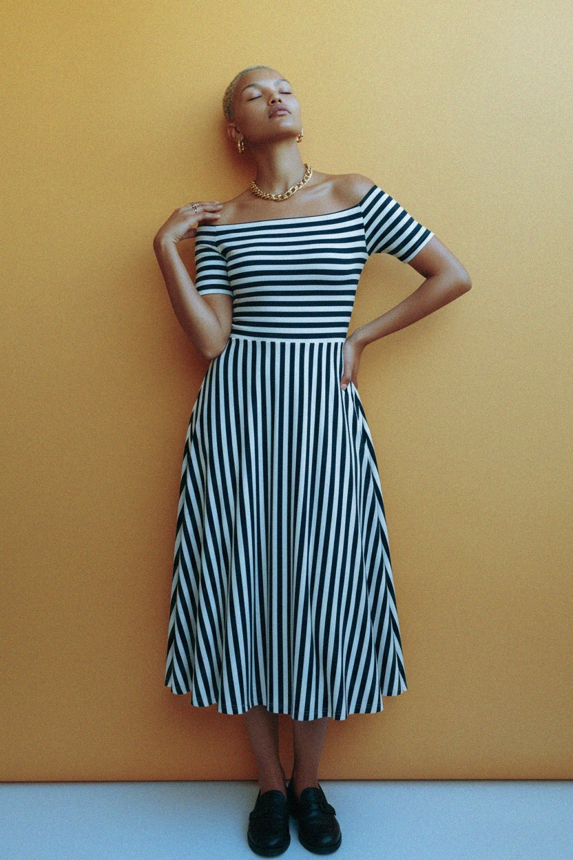 Navy & White Striped Off-Shoulder Midi Dress photo 2