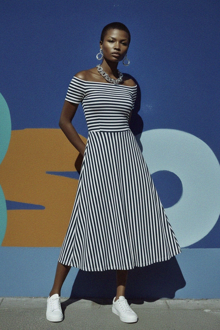 Navy & White Striped Off-Shoulder Midi Dress photo 3