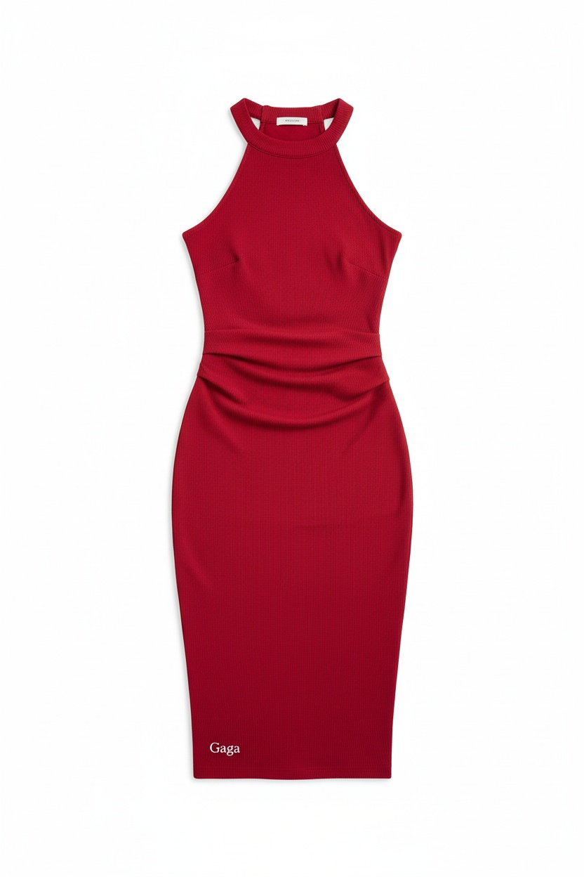 Elegant Red Ribbed Halter Neck Midi Dress photo 1