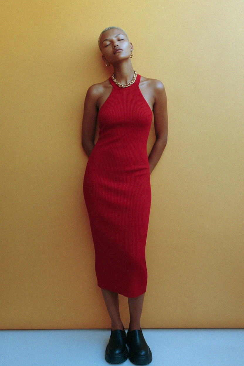 Elegant Red Ribbed Halter Neck Midi Dress photo 3