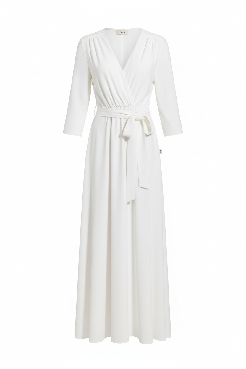 Elegant White Maxi Dress with Self-Tie Belt & V-Neck photo 1
