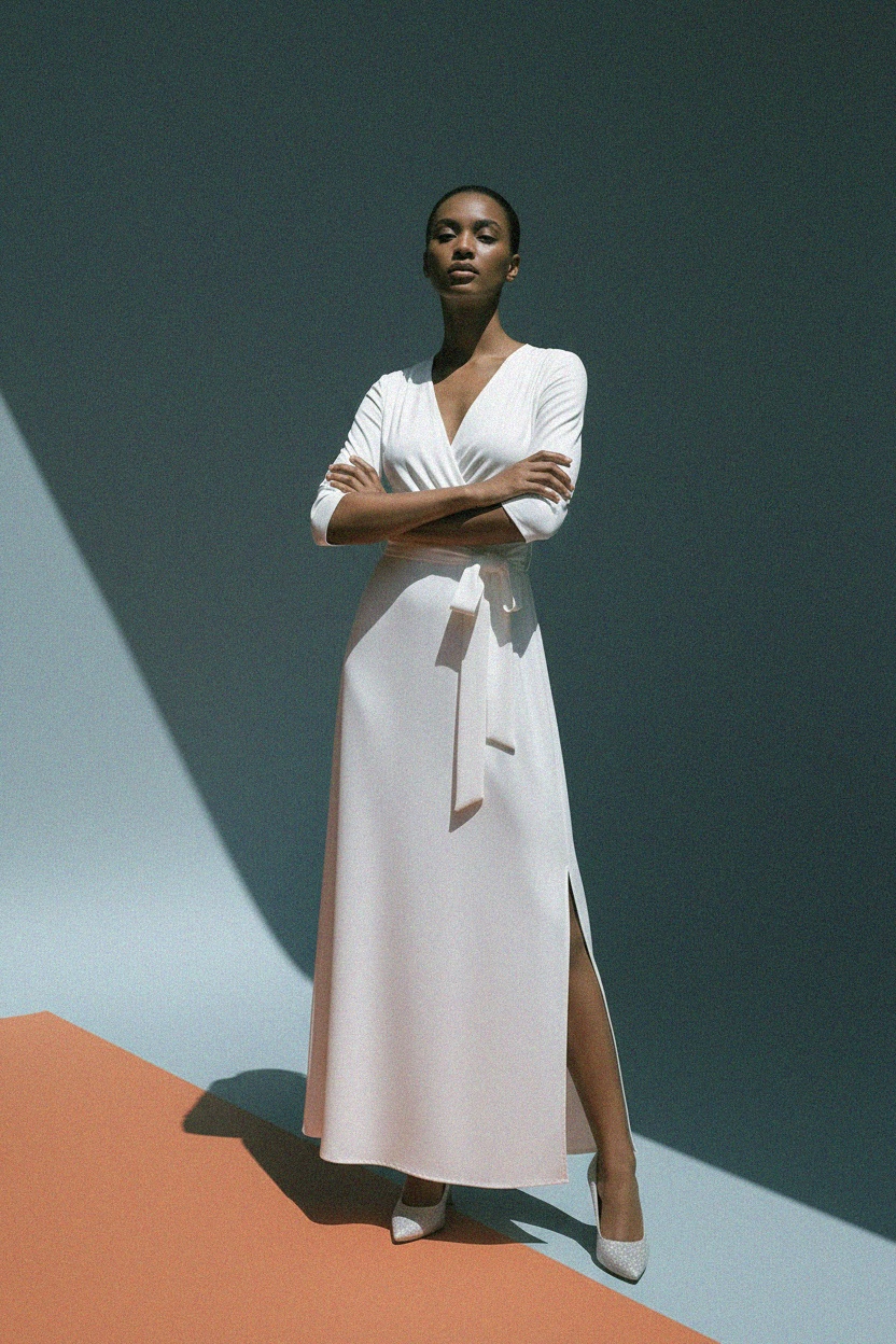 Elegant White Maxi Dress with Self-Tie Belt & V-Neck photo 2