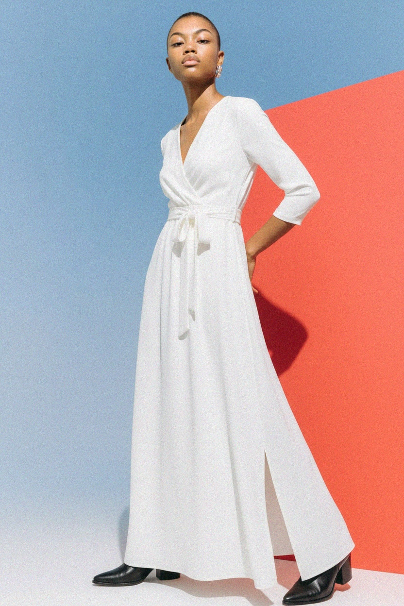 Elegant White Maxi Dress with Self-Tie Belt & V-Neck photo 3