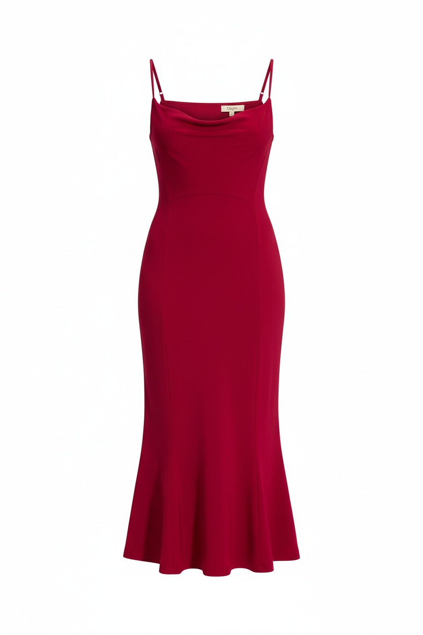 Red Fitted Midi Dress with Cowl Neck and Flared Hem photo 1