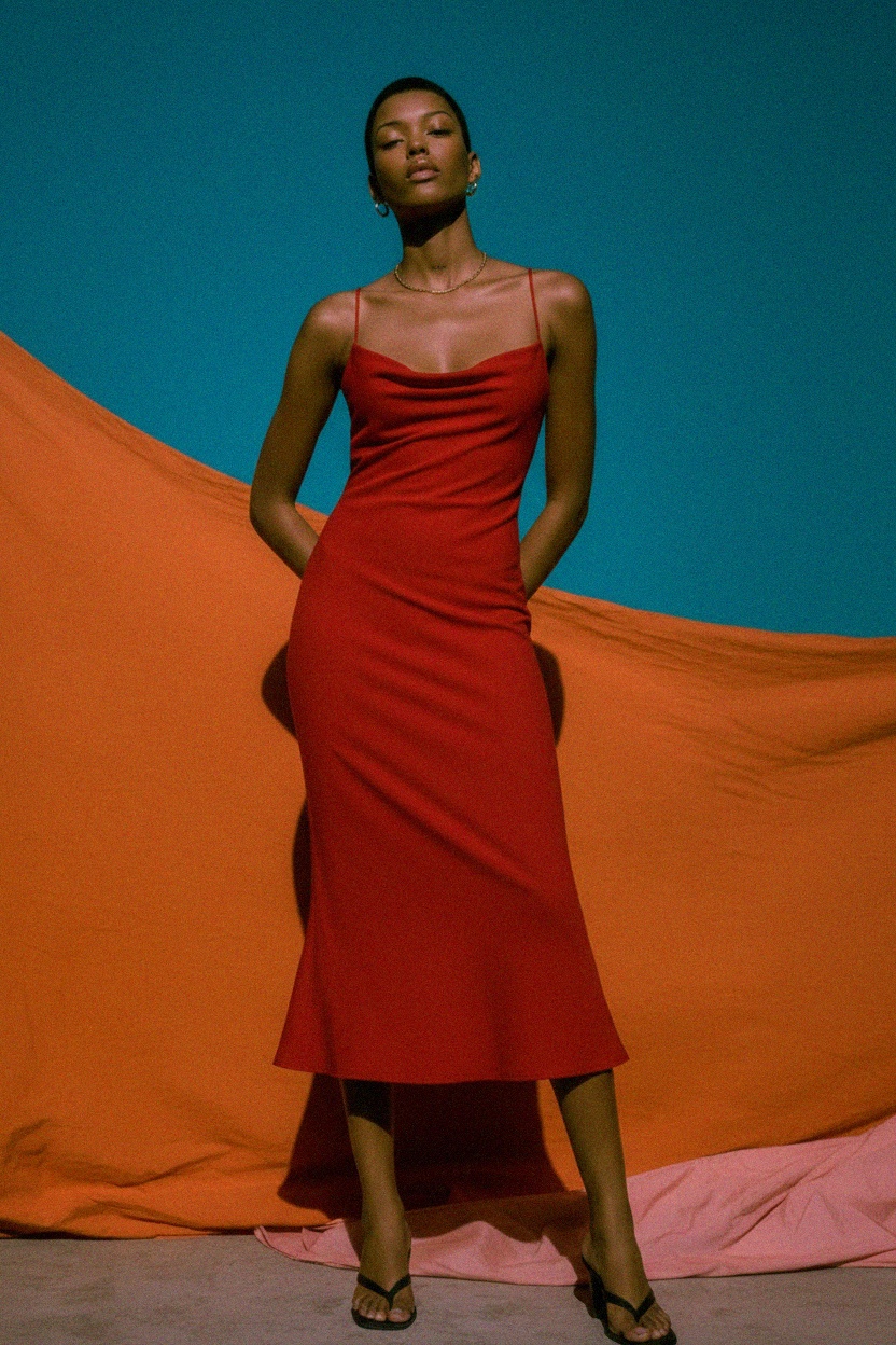 Red Fitted Midi Dress with Cowl Neck and Flared Hem photo 3