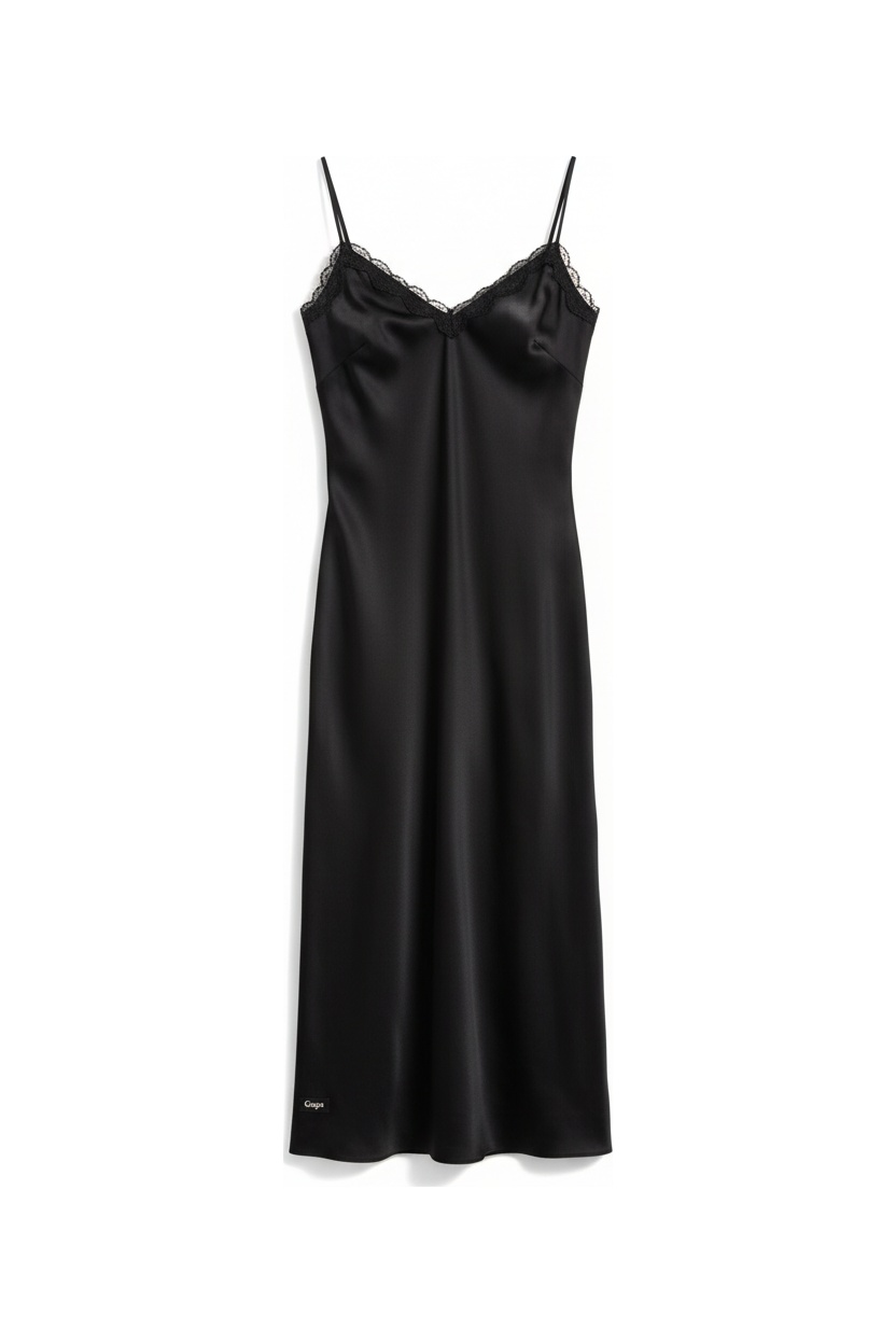 Sleek Black Midi Slip Dress with Scalloped Neckline photo 1