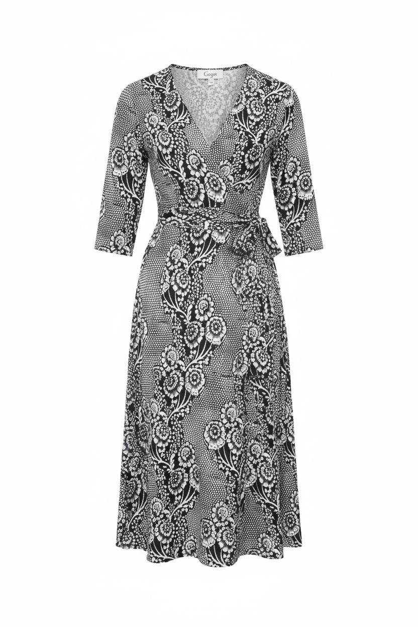 Black & White Floral Print Midi Wrap Dress photo 1