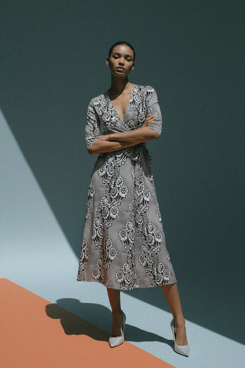 Black & White Floral Print Midi Wrap Dress photo 2