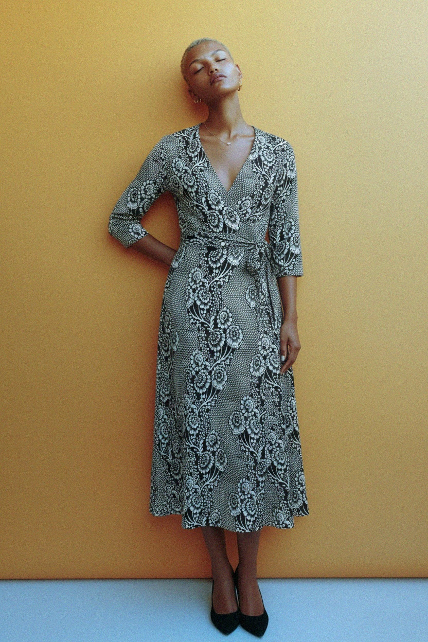 Black & White Floral Print Midi Wrap Dress photo 3