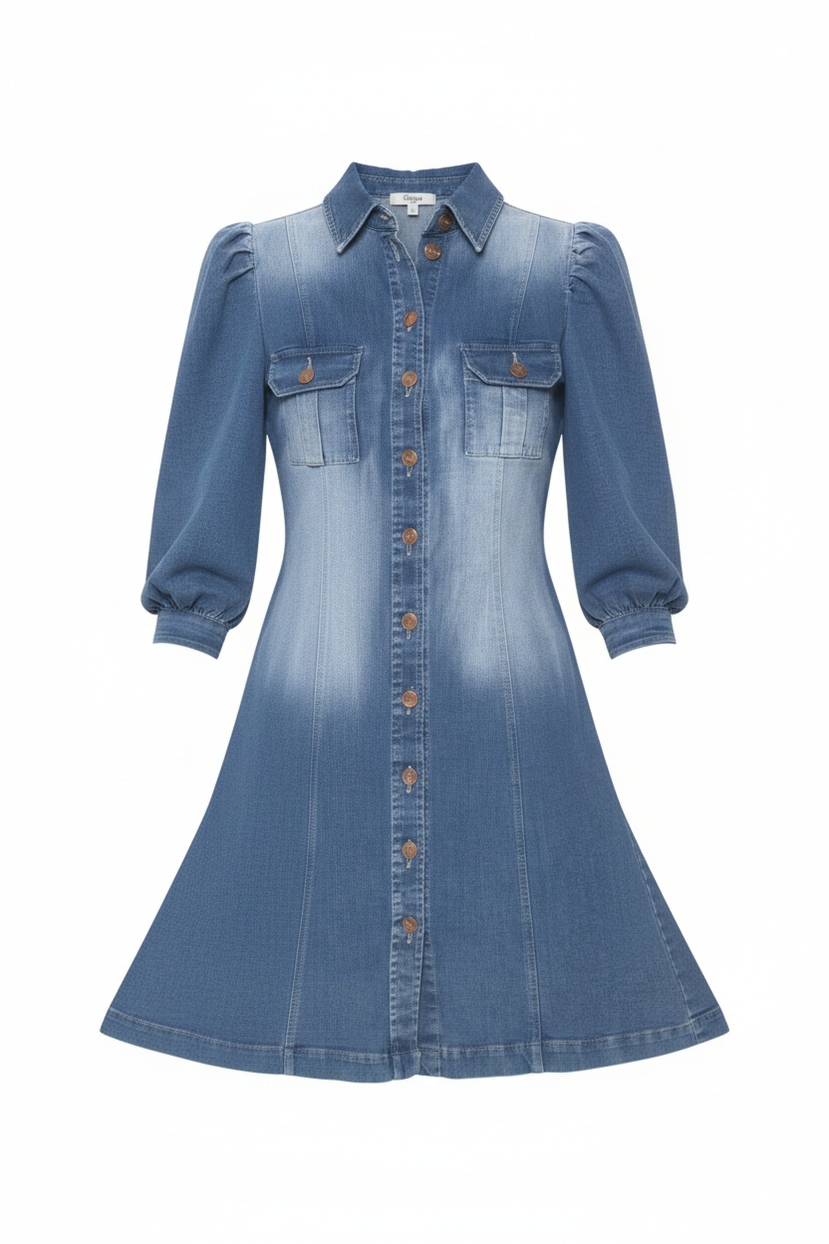 Denim Mini Dress with Puffed Sleeves & Button Front photo 1