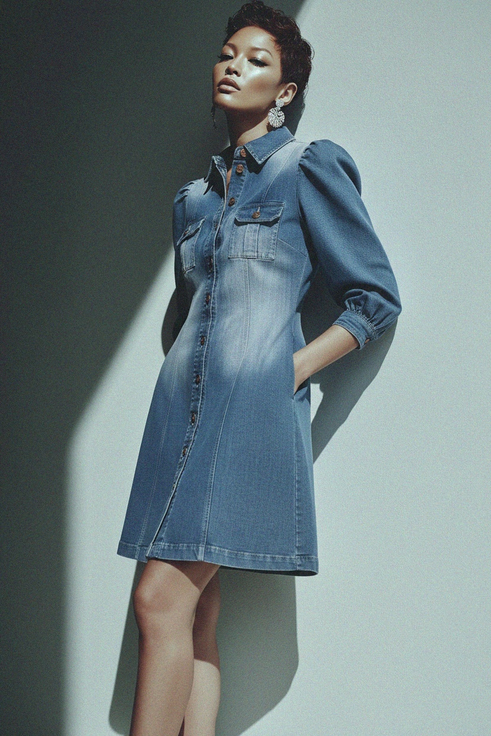 Denim Mini Dress with Puffed Sleeves & Button Front photo 2