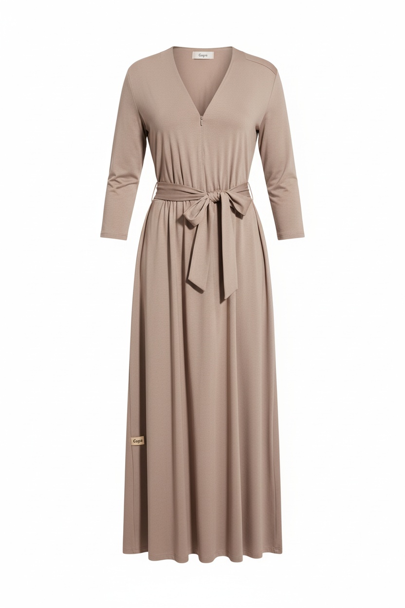 Beige V-Neck Tie-Waist Maxi Dress with 3/4 Sleeves photo 1