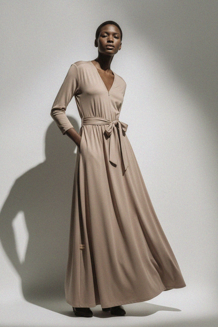 Beige V-Neck Tie-Waist Maxi Dress with 3/4 Sleeves photo 2