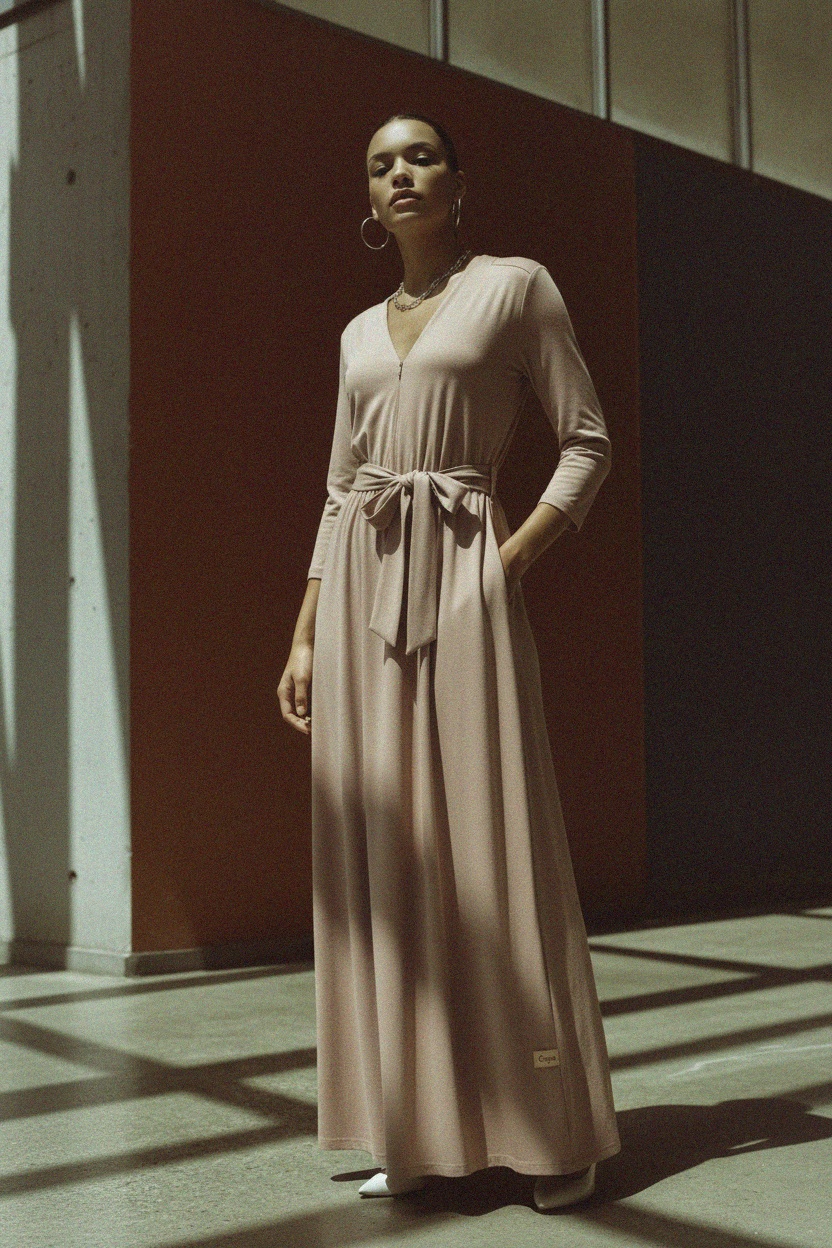 Beige V-Neck Tie-Waist Maxi Dress with 3/4 Sleeves photo 3