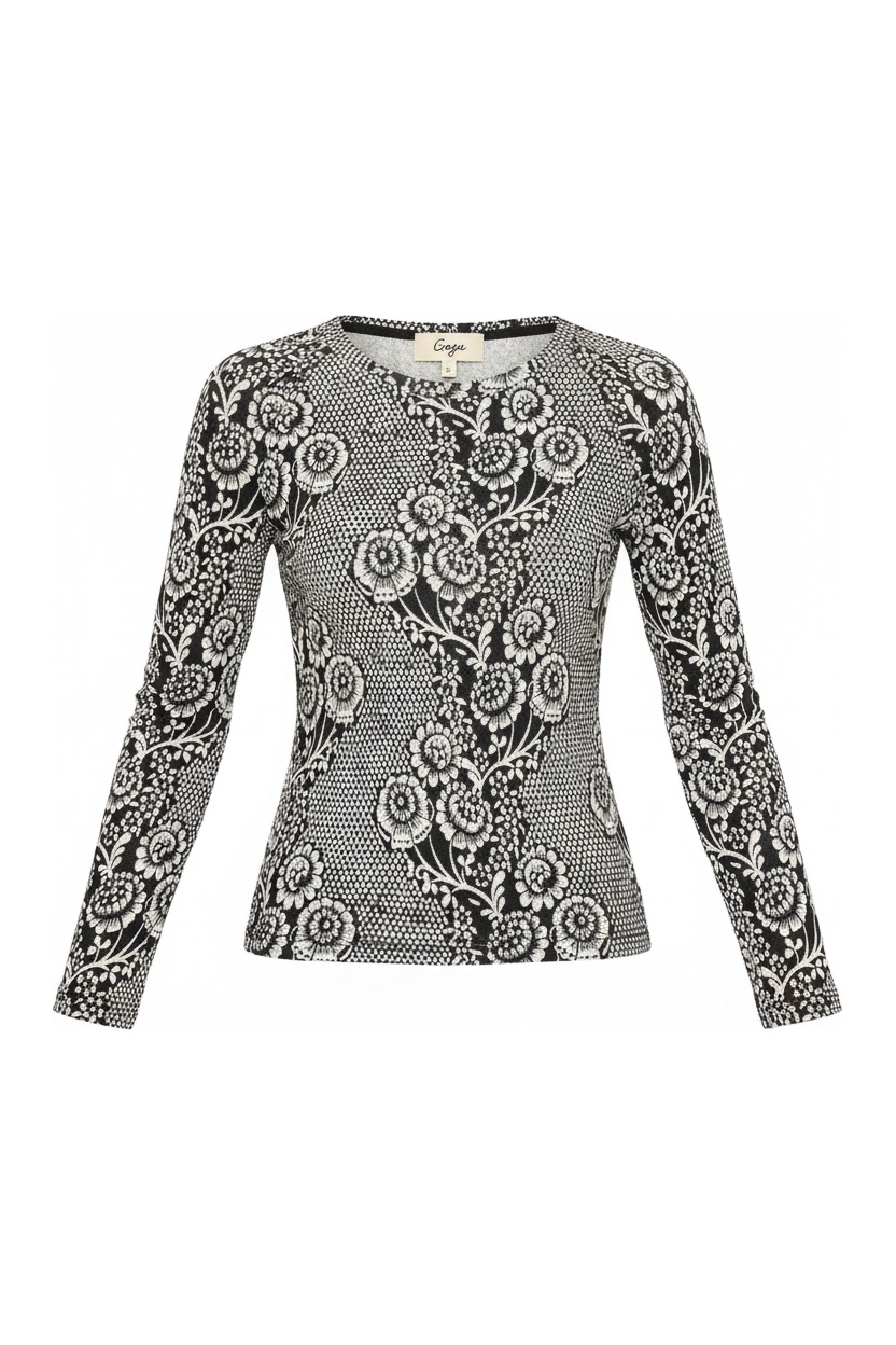 Elegant Floral Pattern Fitted Long Sleeve Top photo 1