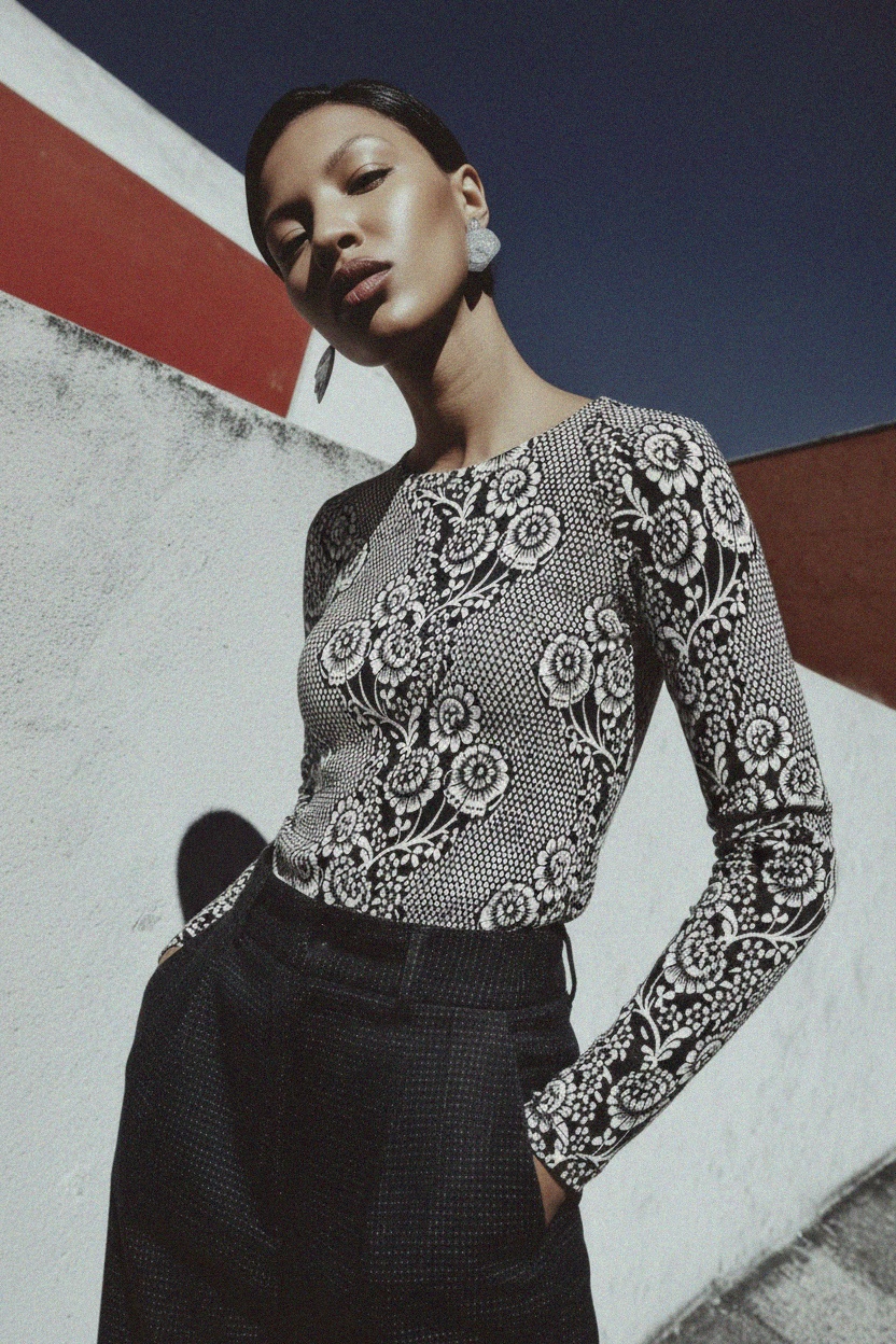 Elegant Floral Pattern Fitted Long Sleeve Top photo 3