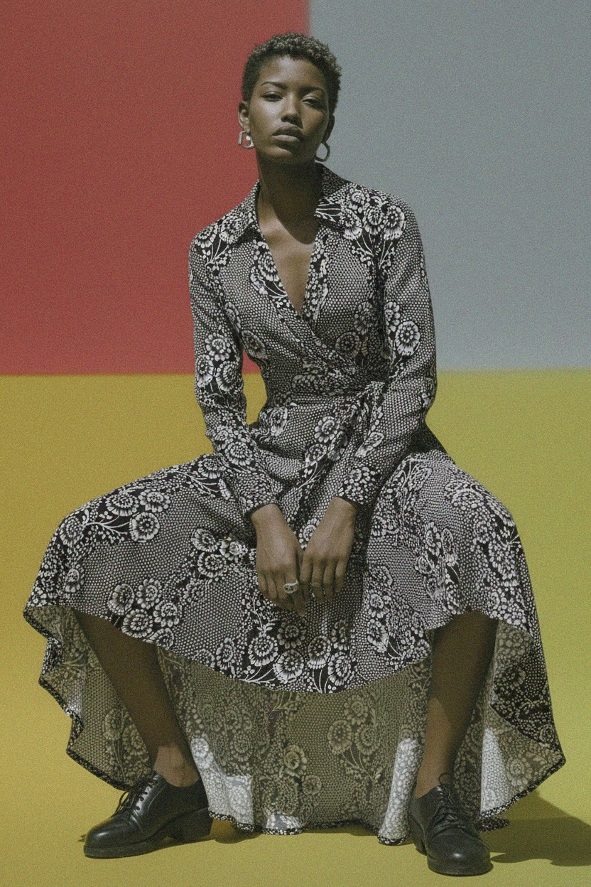 Black & White Floral High-Low Wrap Dress photo 2