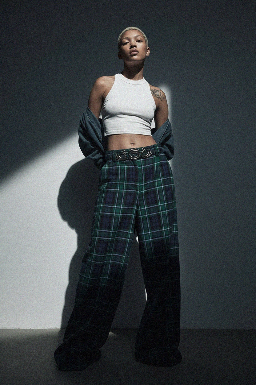 Green & Blue Plaid Wide-Leg Pants photo 2