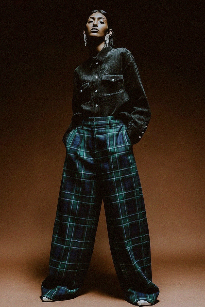 Green & Blue Plaid Wide-Leg Pants photo 3