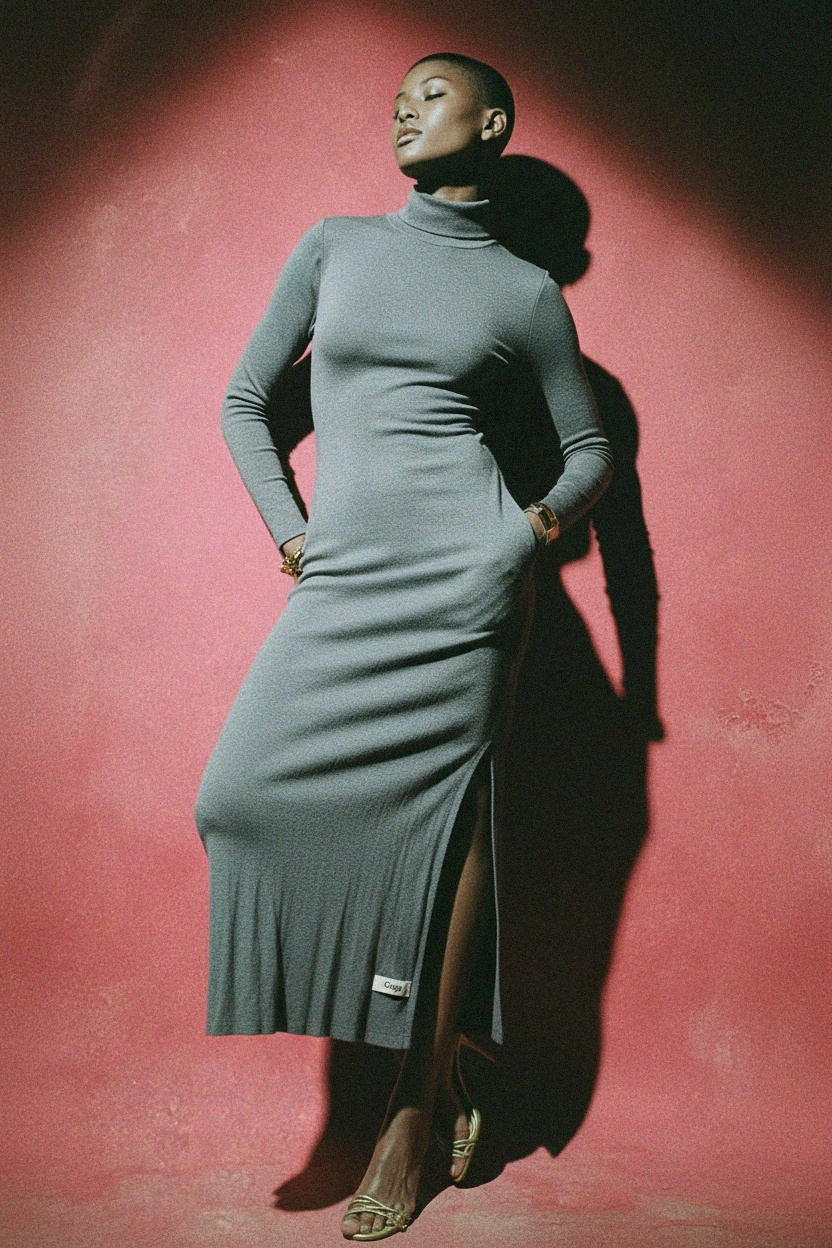 Grey Knit Turtleneck Maxi Dress with Side Slits photo 2