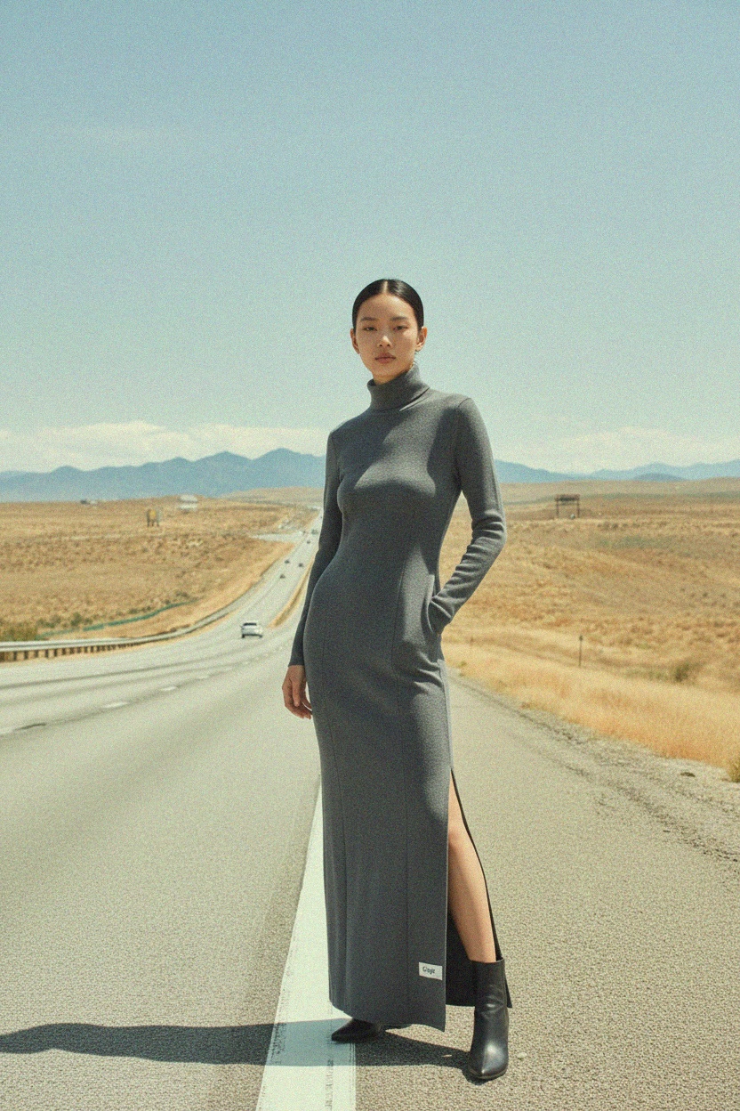 Grey Knit Turtleneck Maxi Dress with Side Slits photo 3