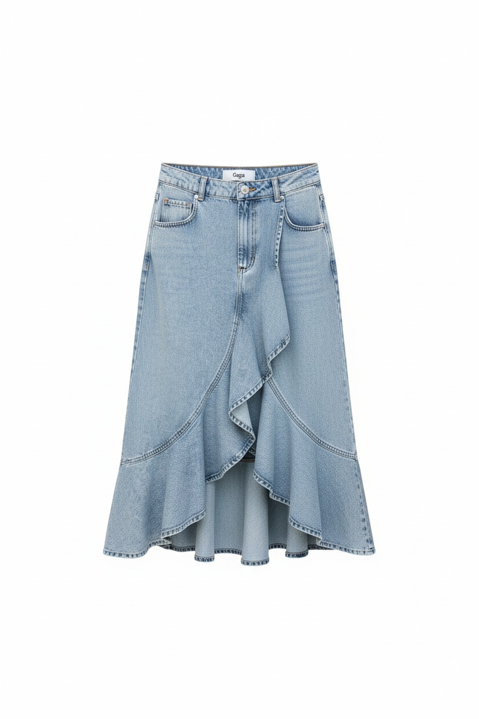 Denim Ruffle Midi Skirt with Asymmetrical Hem photo 1